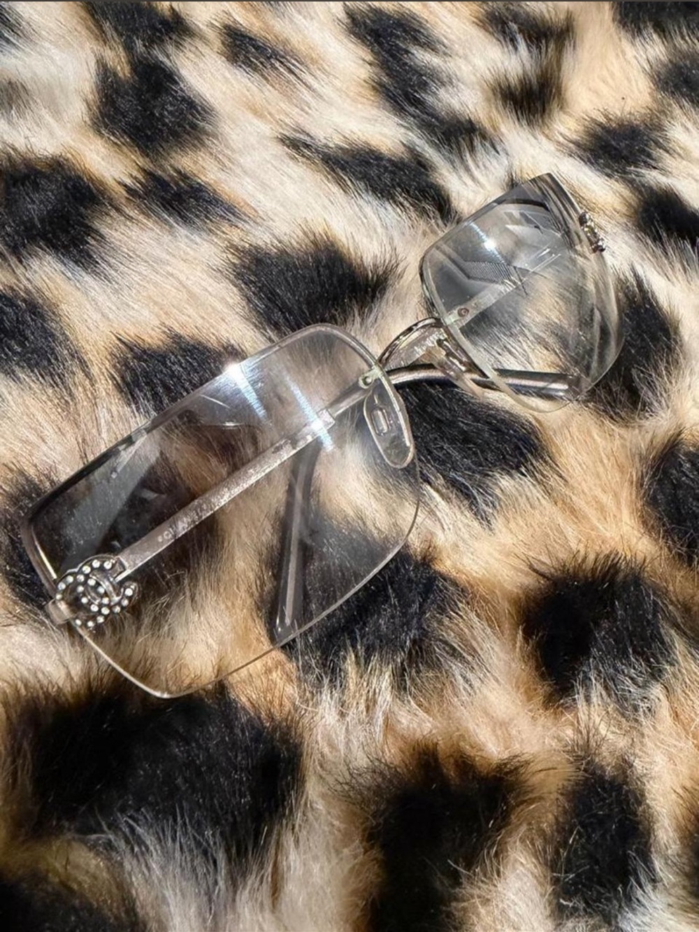CHANEL Clear Rimless Sunglasses with Crystal CC Accent